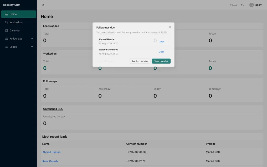 Agent home in Codexty CRM