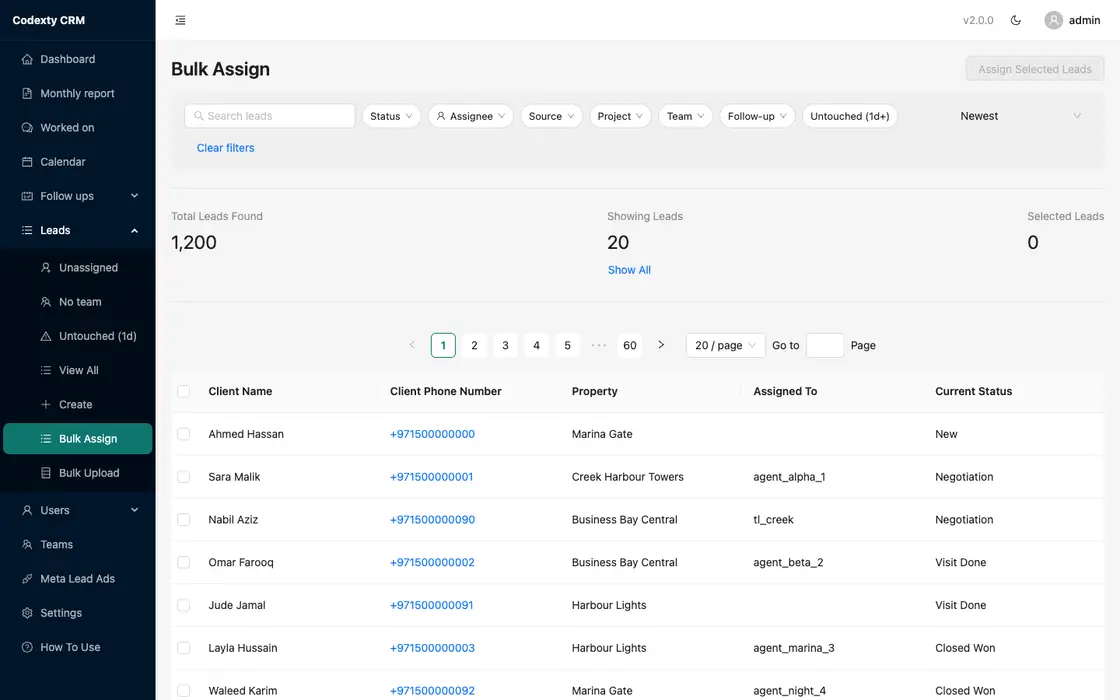 Assigning a batch of leads in Codexty CRM