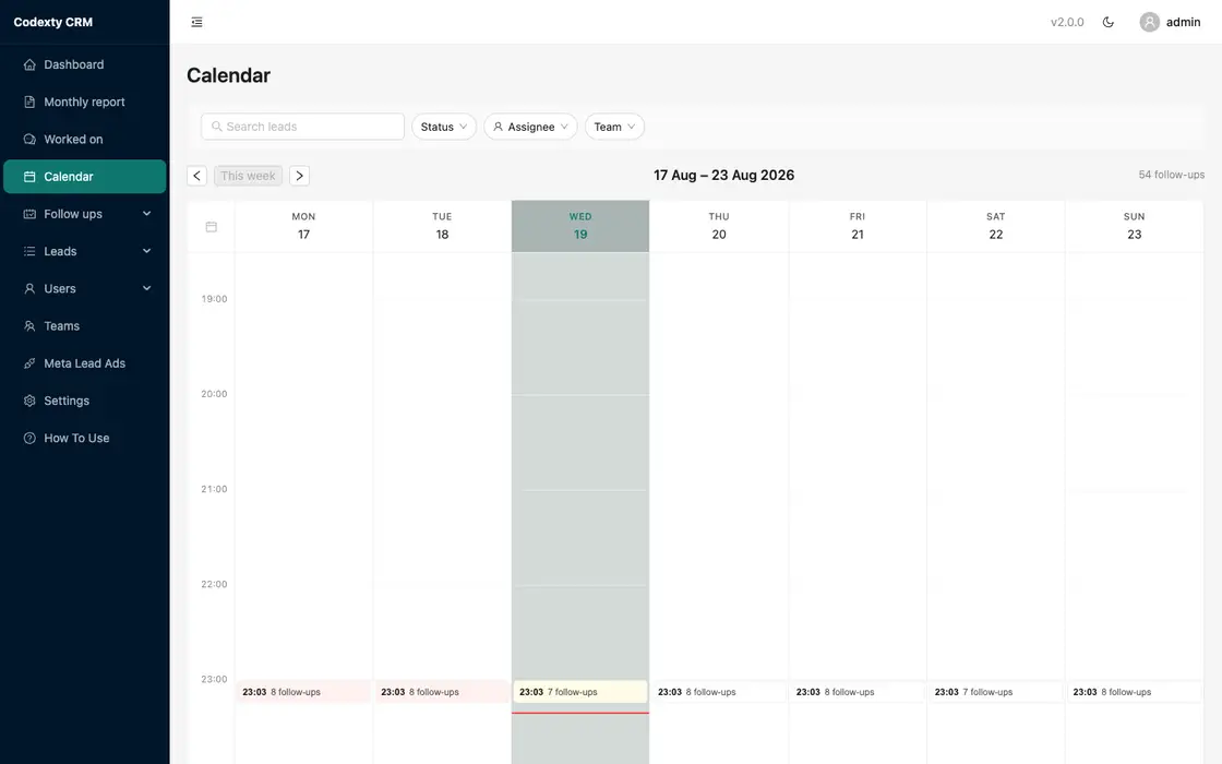 Codexty CRM week of callbacks, captured from the product.