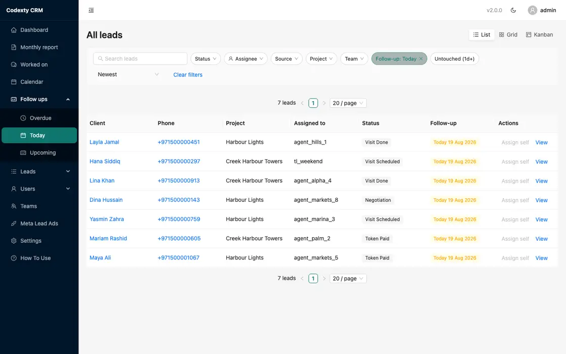 Today’s follow-up list in Codexty CRM