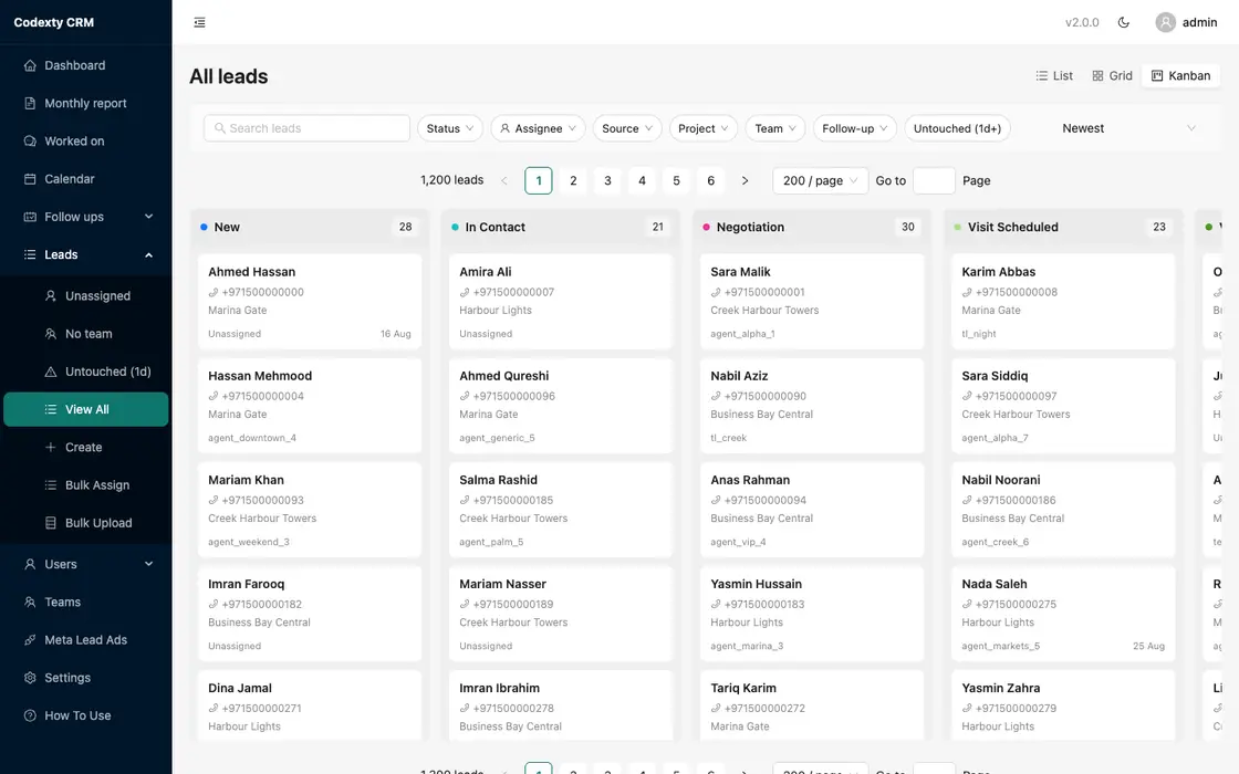 Lead board in Codexty CRM